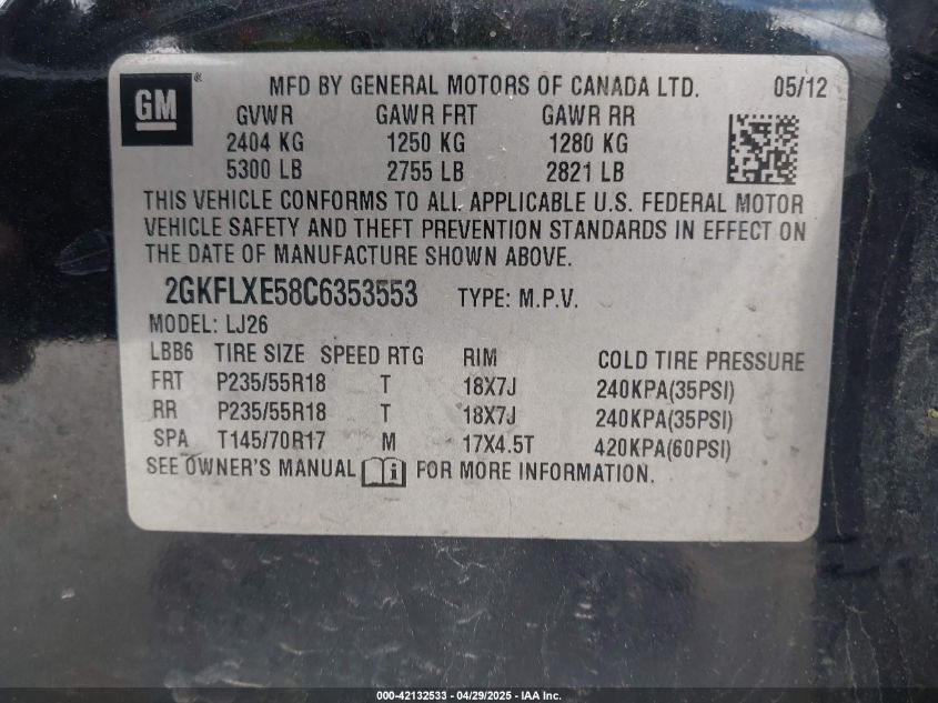 2012 GMC Terrain Slt-2 VIN: 2GKFLXE58C6353553 Lot: 42132533