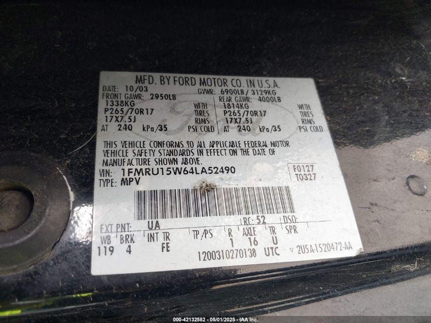 2004 Ford Expedition Xlt VIN: 1FMRU15W64LA52490 Lot: 42132582