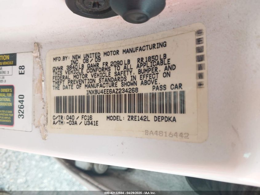 2010 Toyota Corolla Le VIN: 1NXBU4EE6AZ234268 Lot: 42132584