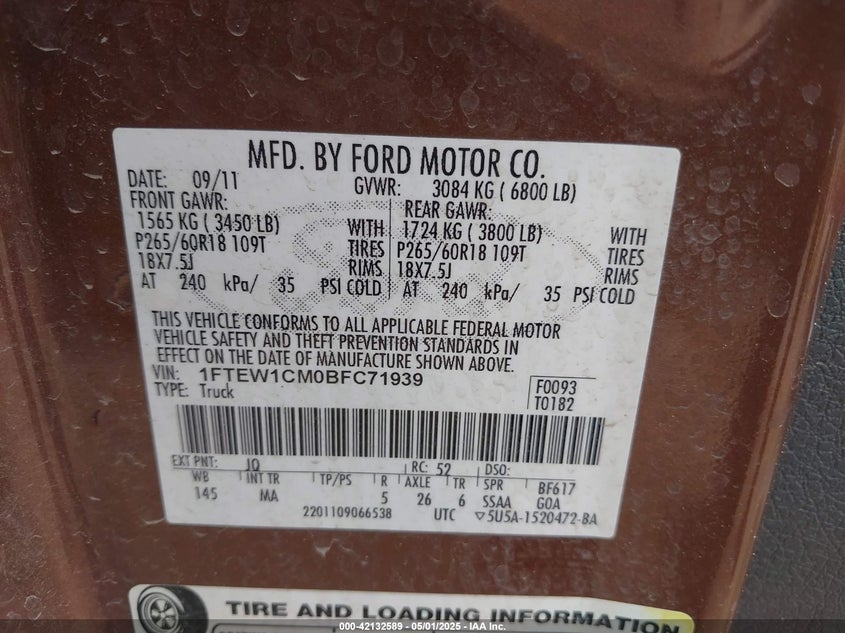 2011 FORD F-150 VIN: 1FTEW1CM0BFC71939