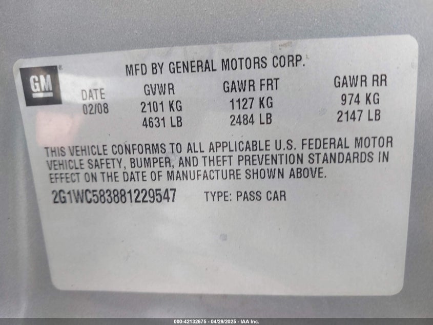 2008 CHEVROLET IMPALA VIN: 2G1WC583881229547
