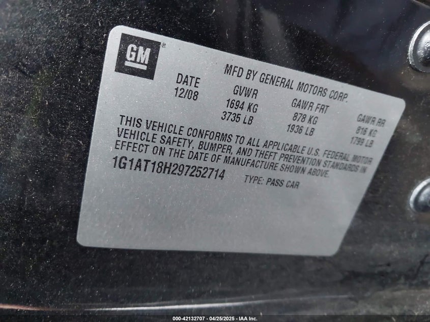 2009 CHEVROLET COBALT VIN: 1G1AT18H297252714