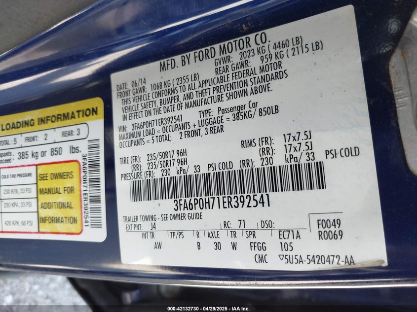 2014 FORD FUSION VIN: 3FA6P0H71ER392541