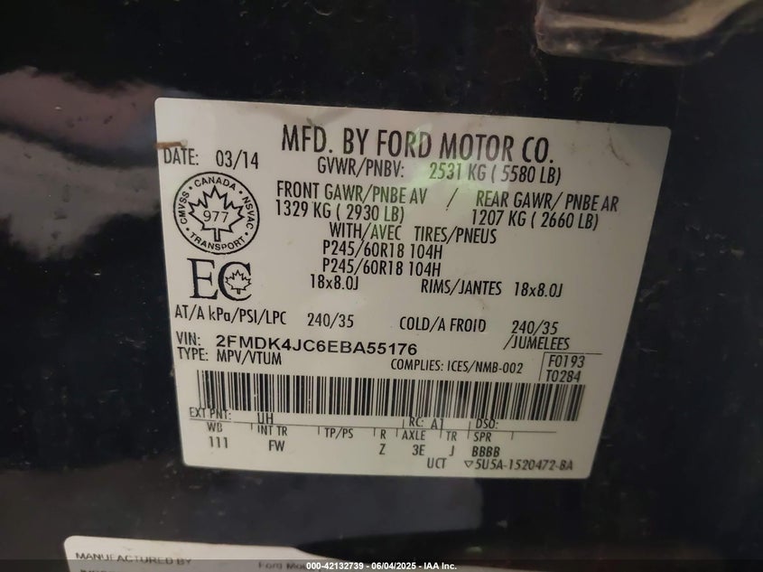 2014 FORD EDGE VIN: 2FMDK4JC6EBA55176