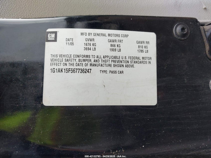 2006 CHEVROLET COBALT VIN: 1G1AK15F567736247