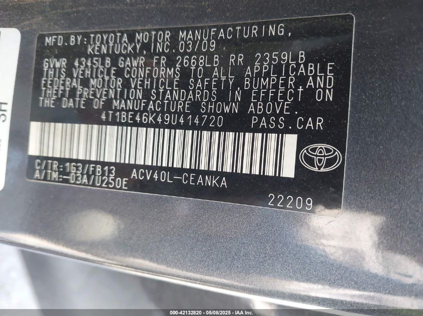 2009 Toyota Camry Le VIN: 4T1BE46K49U414720 Lot: 42132820