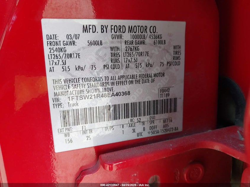 2008 FORD F-250 VIN: 1FTSW21R48EA40368