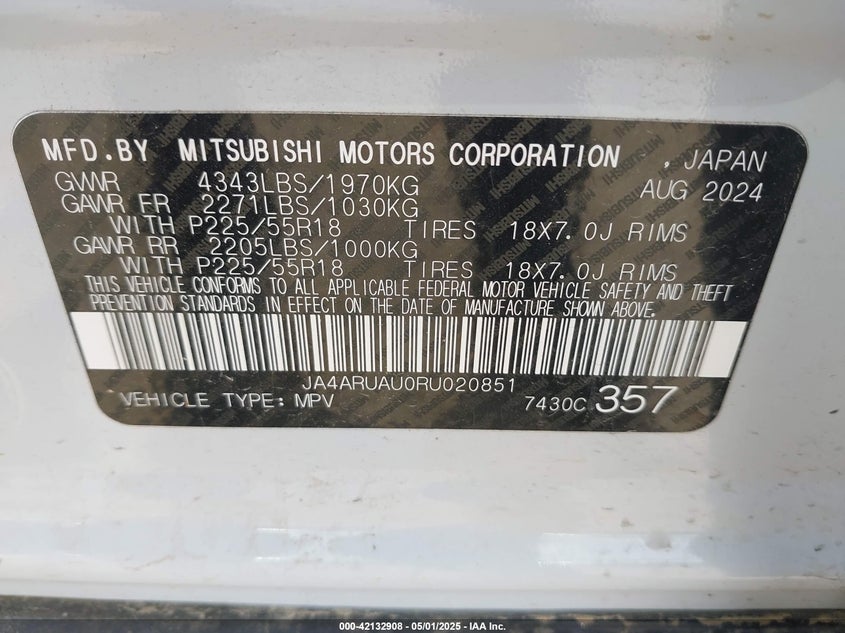 2024 MITSUBISHI OUTLANDER SPORT 2.0 ES AWC/2.0 LE AWC/2.0 RALLIART AWC/2.0 S AWC/2.0 SE AWC/2.0 TRAI - JA4ARUAU0RU020851