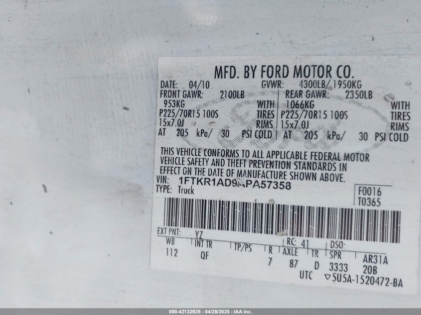 2010 FORD RANGER VIN: 1FTKR1AD9APA57358