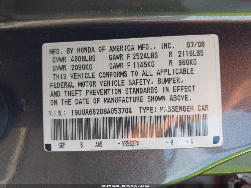 2008 Acura Tl 3.2 VIN: 19UUA66208A053704 Lot: 42133005