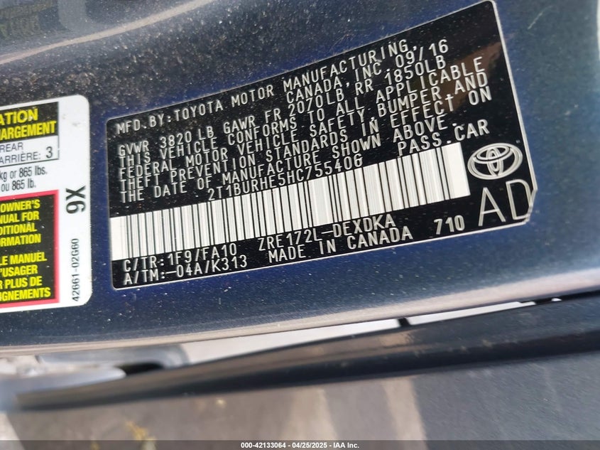 2017 TOYOTA COROLLA VIN: 2T1BURHE5HC755406