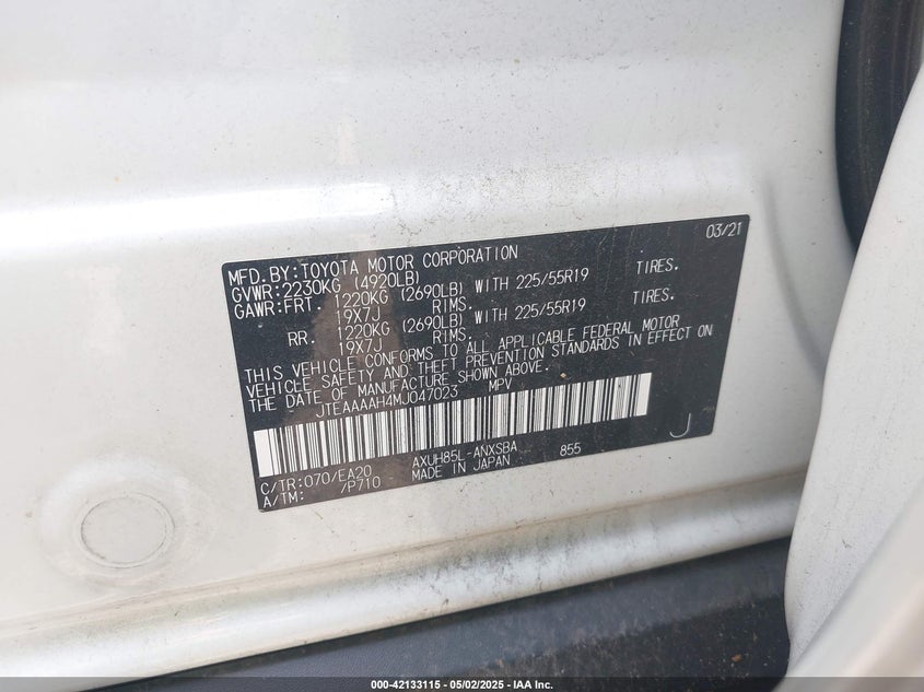 VIN JTEAAAAH4MJ047023 2021 TOYOTA VENZA LE/XLE/LIMITED