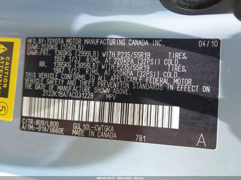 2010 Lexus Rx 350 VIN: 2T2ZK1BA7AC031228 Lot: 42133172