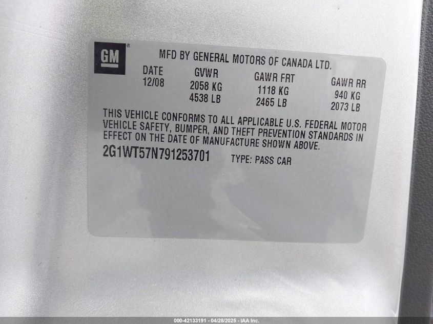 2009 Chevrolet Impala Lt VIN: 2G1WT57N791253701 Lot: 42133191