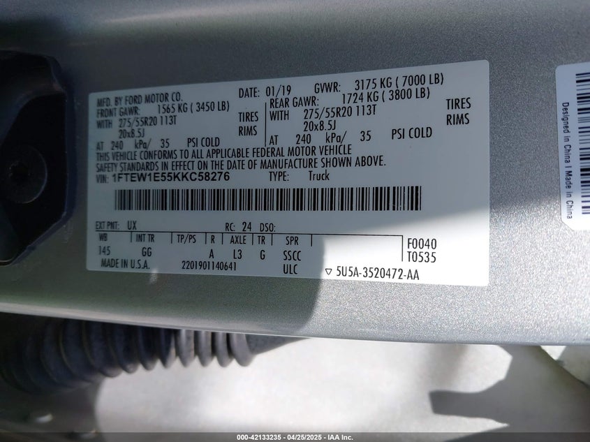 2019 FORD F-150 VIN: 1FTEW1E55KKC58276