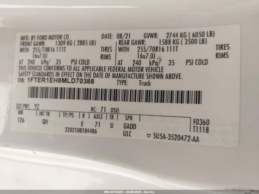 2021 Ford Ranger Xl VIN: 1FTER1EH8MLD70388 Lot: 42133251