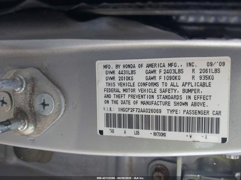 2010 HONDA ACCORD VIN: 1HGCP2F72AA026069