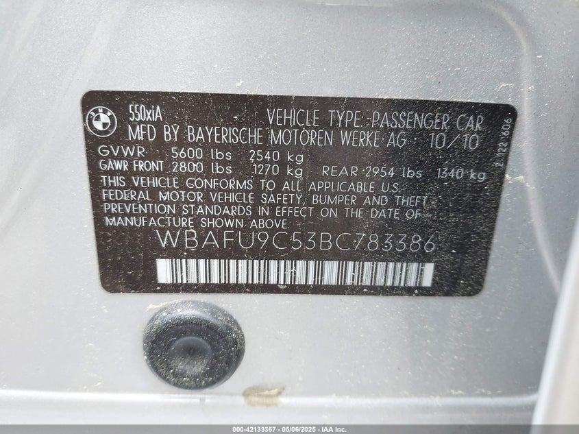 2011 BMW 550I VIN: WBAFU9C53BC783386