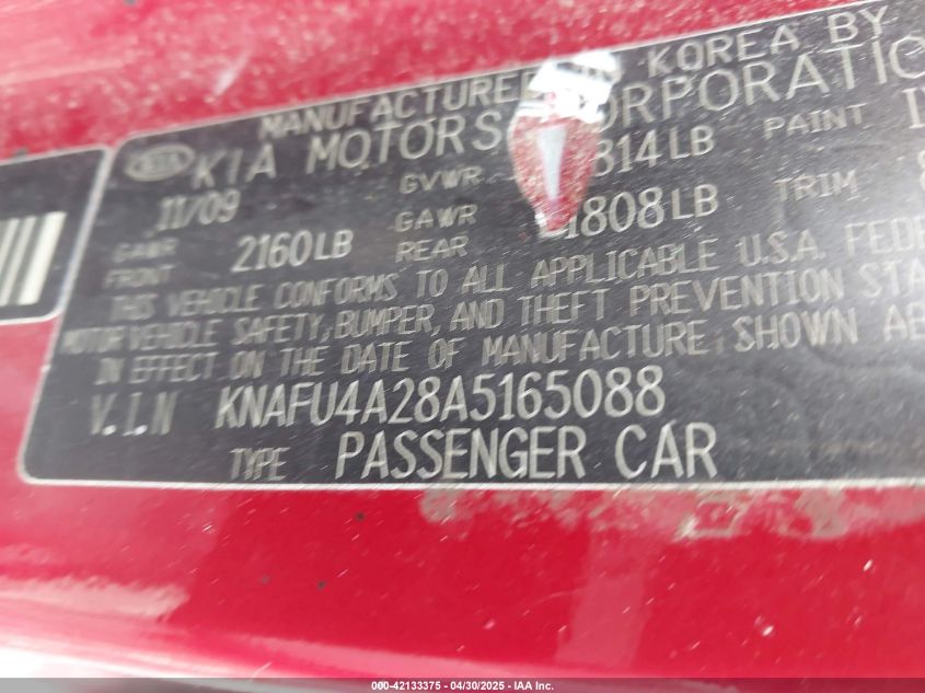 2010 Kia Forte Ex VIN: KNAFU4A28A5165088 Lot: 42133375