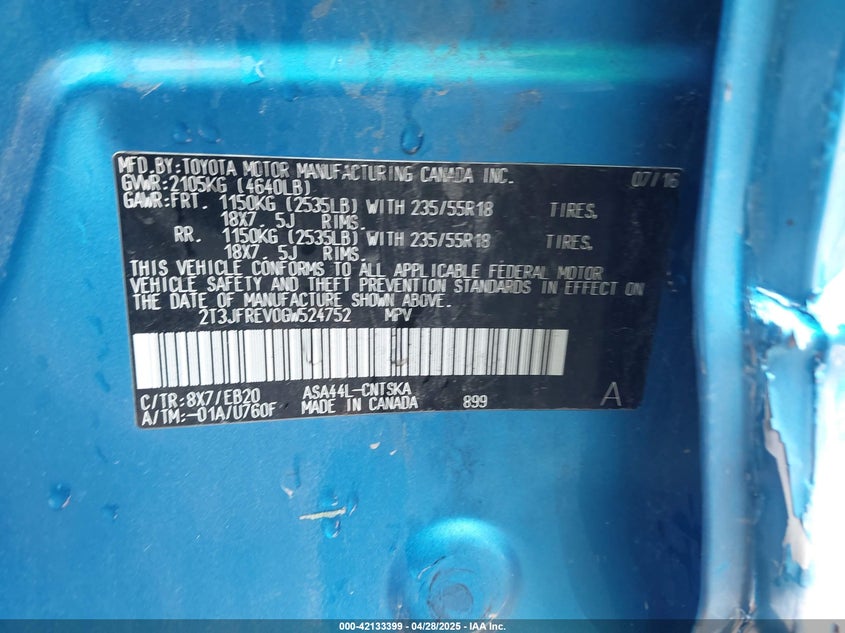 2016 TOYOTA RAV4 VIN: 2T3JFREV0GW524752