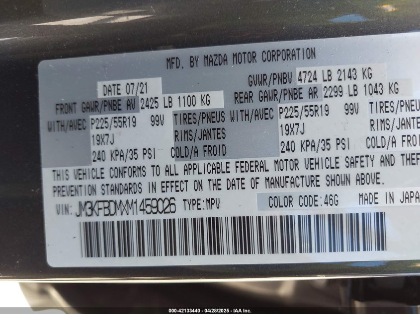 VIN JM3KFBDMXM1459026 2021 MAZDA CX-5 GRAND TOURING