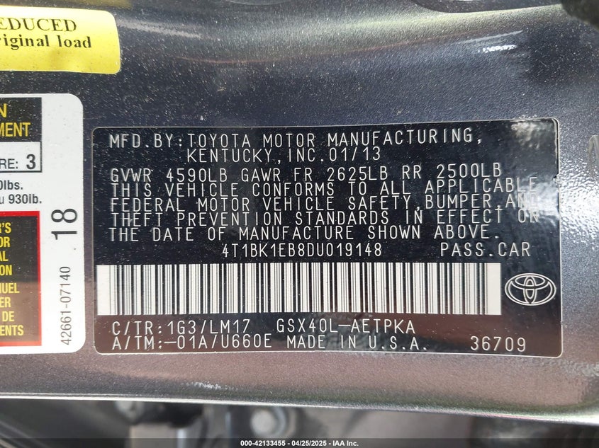 2013 TOYOTA AVALON VIN: 4T1BK1EB8DU019148