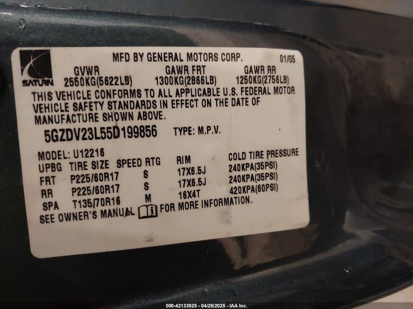 2005 Saturn Relay Fwd VIN: 5GZDV23L55D199856 Lot: 42133525