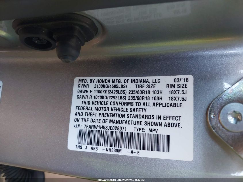 2018 Honda Crv VIN: 7FARW1853JE028071 Lot: 42133643