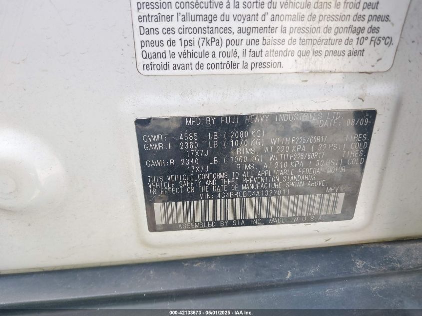 2010 Subaru Outback 2.5I Premium VIN: 4S4BRCBC4A1322010 Lot: 42133673