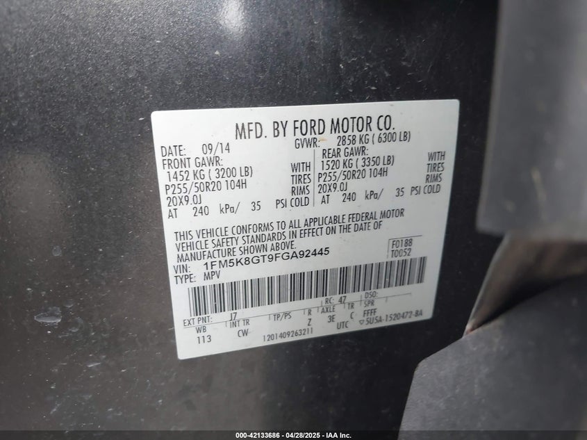 2015 FORD EXPLORER VIN: 1FM5K8GT9FGA92445