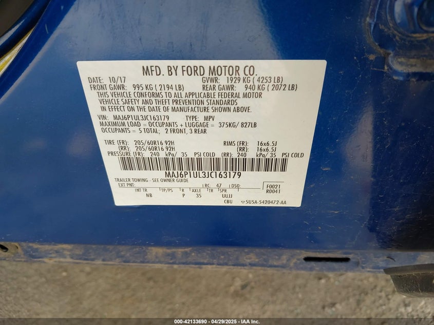 2018 FORD ECOSPORT VIN: MAJ6P1UL3JC163179