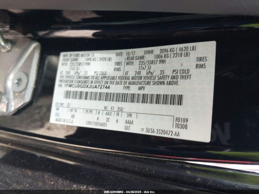 2018 Ford Escape Se VIN: 1FMCU0GDXJUA72744 Lot: 42133692