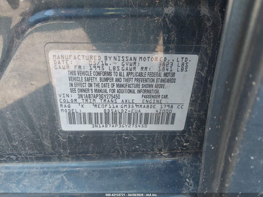 2016 NISSAN SENTRA VIN: 3N1AB7AP3GY275450