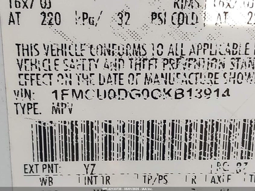 2012 FORD ESCAPE VIN: 1FMCU0DG0CKB13914