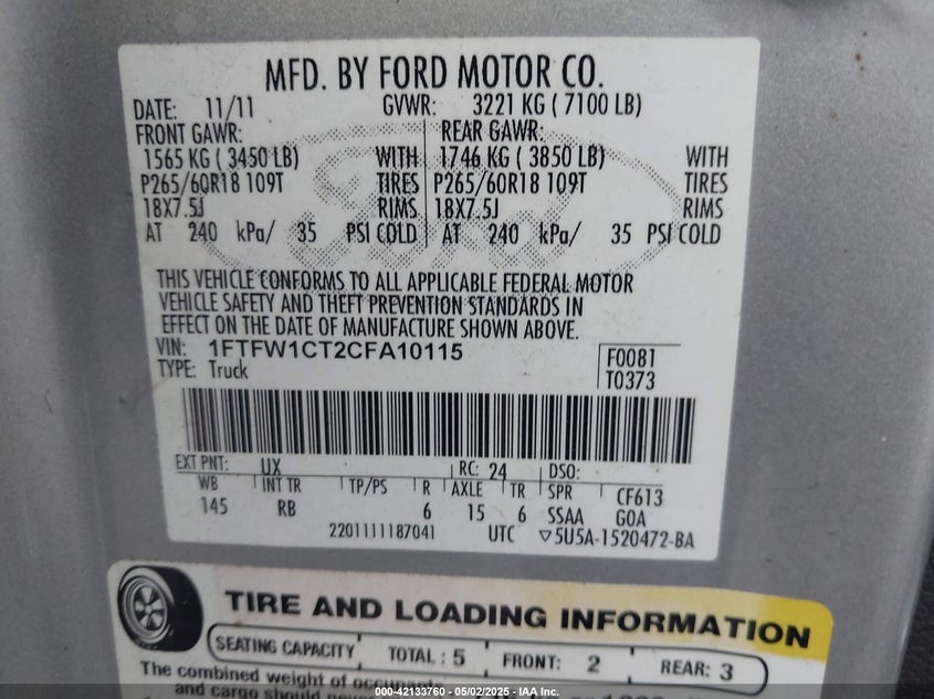 2012 FORD F-150 VIN: 1FTFW1CT2CFA10115