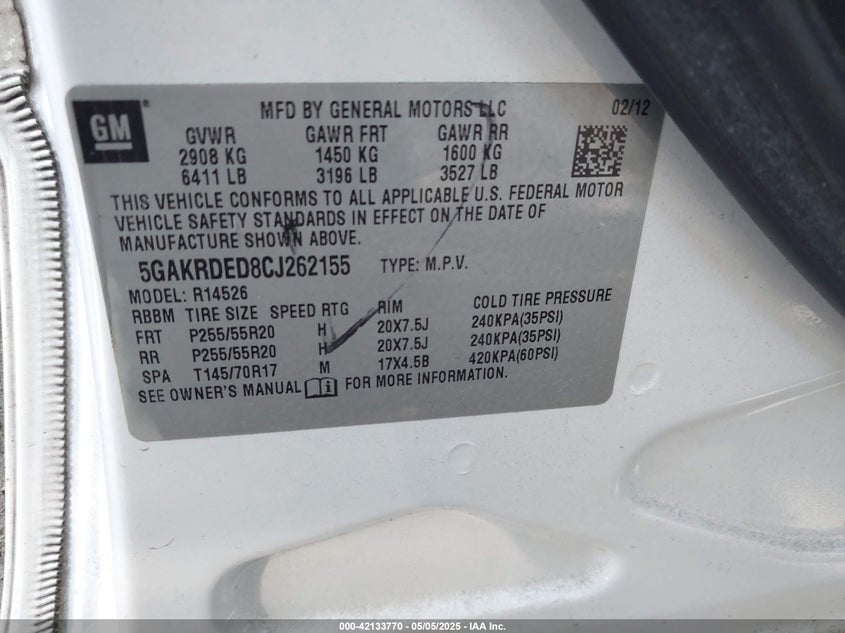 2012 BUICK ENCLAVE VIN: 5GAKRDED8CJ262155