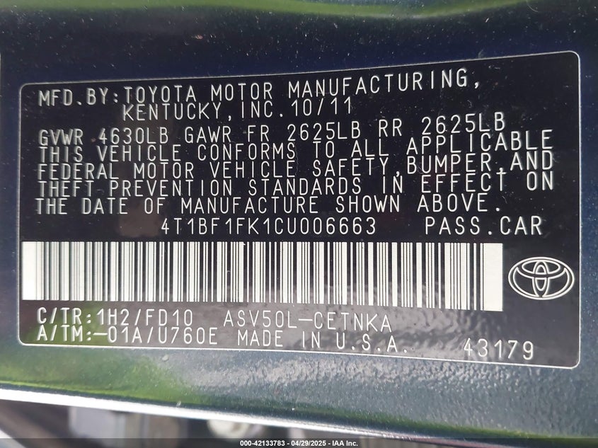 2012 TOYOTA CAMRY VIN: 4T1BF1FK1CU006663