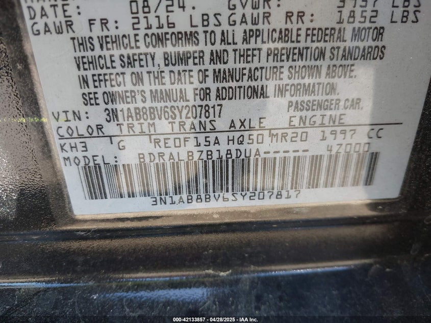 2025 NISSAN SENTRA VIN: 3N1AB8BV6SY207817