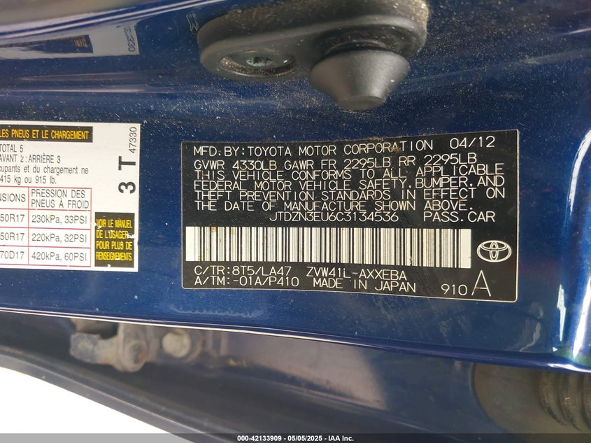 2012 TOYOTA PRIUS V VIN: JTDZN3EU6C3134536