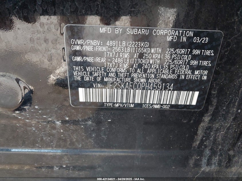 2023 SUBARU FORESTER VIN: JF2SKAEC0PH459134