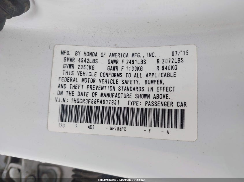 2015 HONDA ACCORD VIN: 1HGCR3F88FA037951
