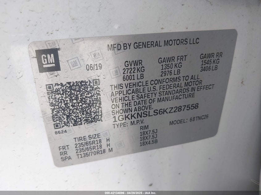 2019 GMC ACADIA SLE-2 - 1GKKNSLS6KZ287558