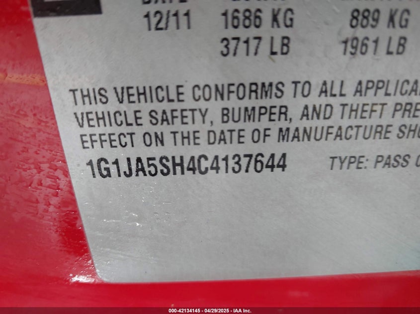 2012 CHEVROLET SONIC VIN: 1G1JA5SH4C4137644
