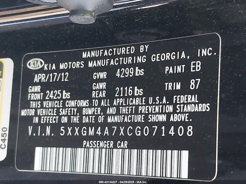 2012 Kia Optima Lx VIN: 5XXGM4A7XCG071408 Lot: 42134227