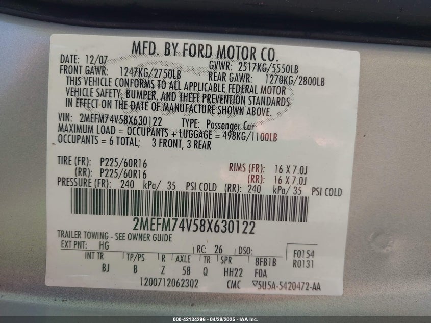 2008 MERCURY GRAND MARQUIS VIN: 2MEFM74V58X630122