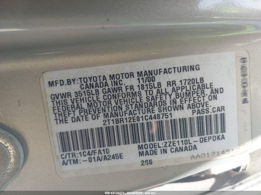 2001 Toyota Corolla Le VIN: 2T1BR12E81C448751 Lot: 42134371