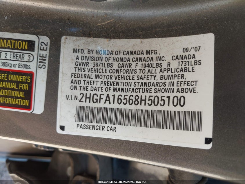 2008 HONDA CIVIC VIN: 2HGFA16568H505100