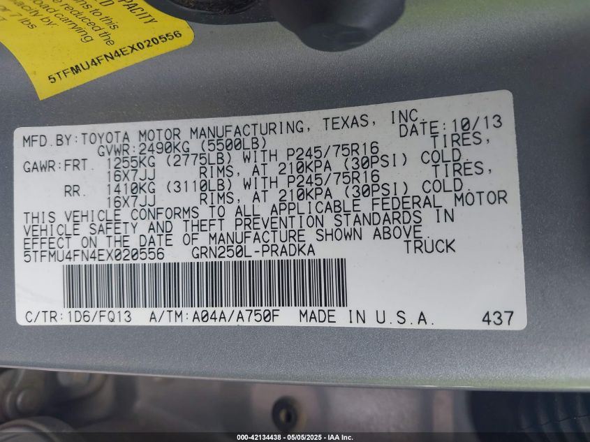 2014 Toyota Tacoma Base V6 VIN: 5TFMU4FN4EX020556 Lot: 42134438