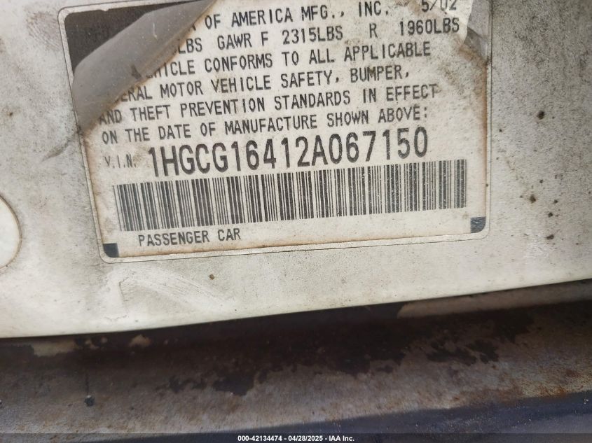 2002 Honda Accord 3.0 Lx VIN: 1HGCG16412A067150 Lot: 42134474