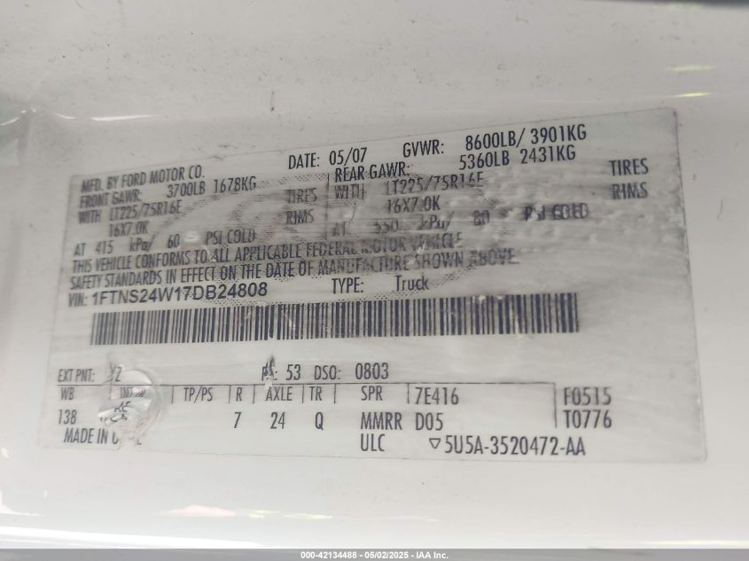 2007 Ford E-250 Commercial/Recreational VIN: 1FTNS24W17DB24808 Lot: 42134488